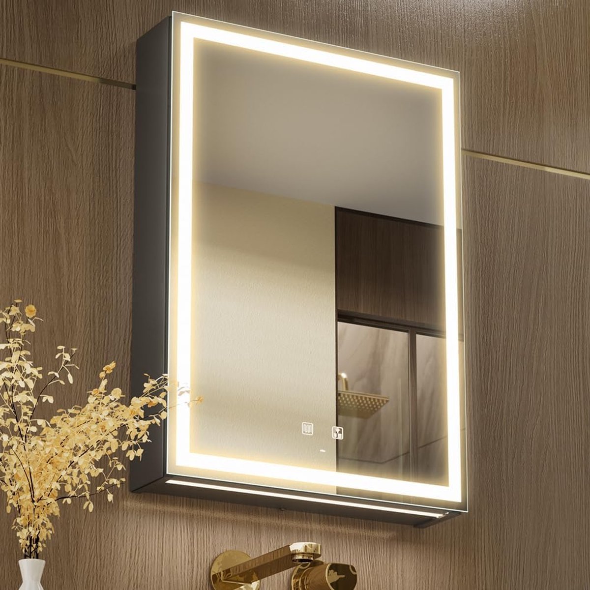 LED verlicht de badkamerkast met spiegel, instelbare kleurtemperatuur, mistlicht, stopcontact en USB, wandmontage medicijn (rechts scharnier - 50 x 70)