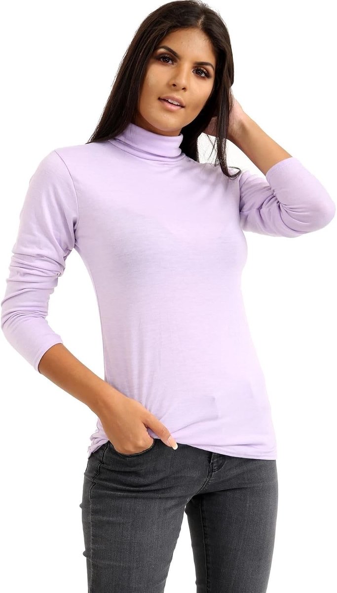Dames lange mouw effen schildpad polo roll hals stretch trui T-shirt TeeTop