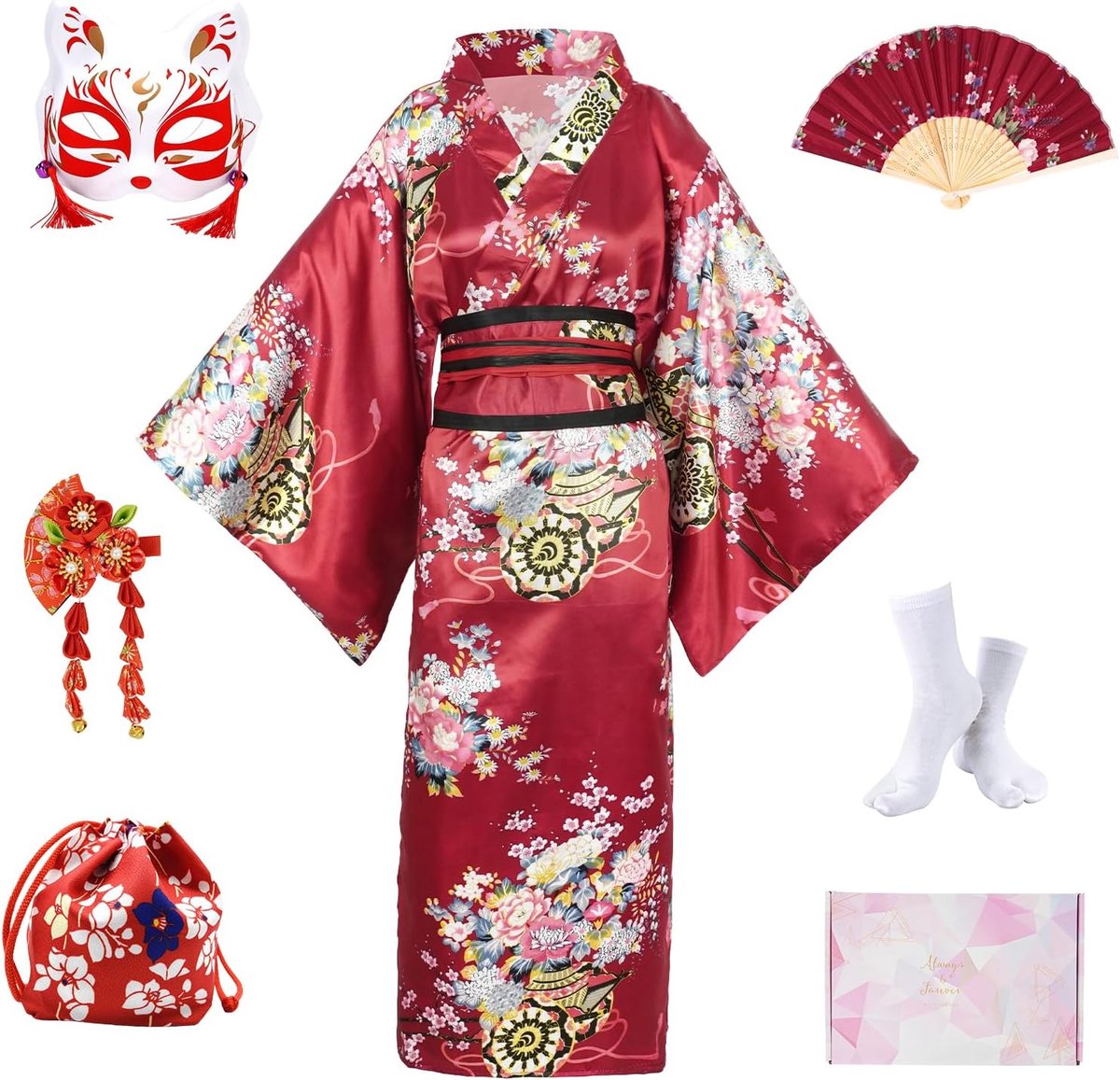 8 Stuks Kimono Dames Japanse Yukata, Satijnen Badjas Kimono Cosplay Kostuum met Riem Masker Haarspeld Waaier Handtas Tabi-sokken Set, GeschenkdoosInbegrepen