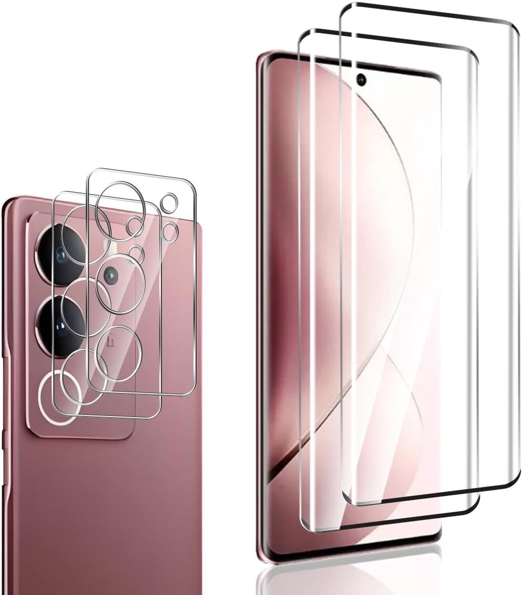 Displaybeschermfolie voor VIVO V29 5G, 2 stuks gehard glas en 2 stuks camerabescherming, volledige afdekking, hoge resolutie, krasbestendig, 9H hardheid, HD heldere folie