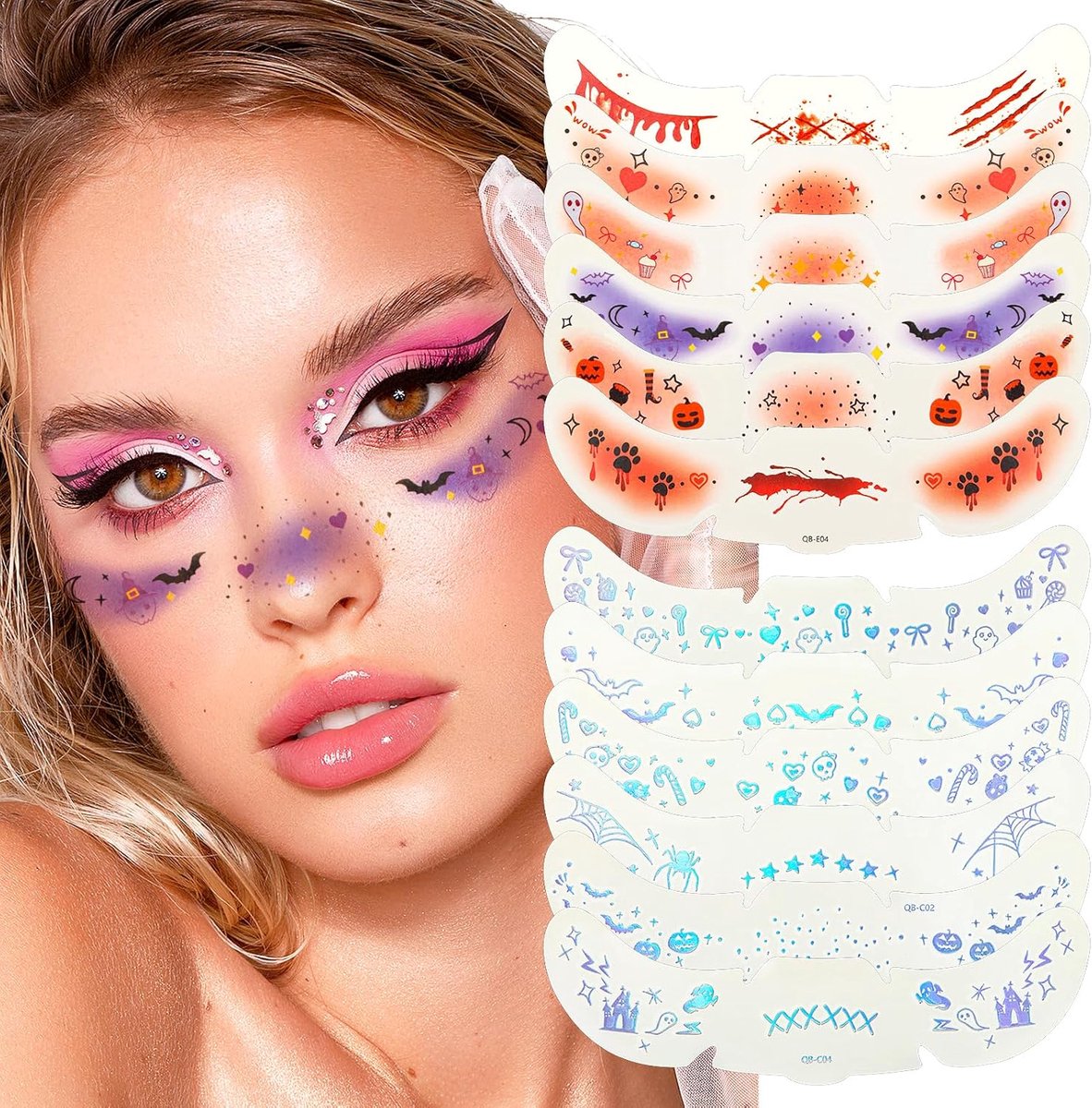 Glittergezichtstattoo voor Halloween, glitter, zomersproeten, watervaste tijdelijke tatoeages met spook en pompoenmotieven voor feestjes, kostuum en make-up looks