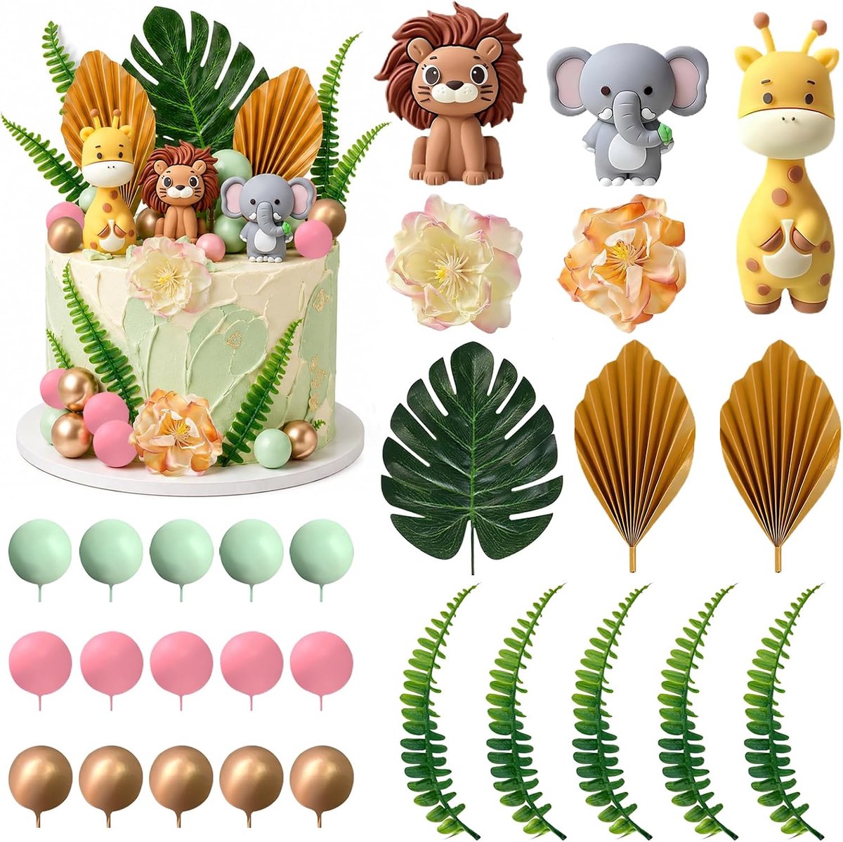 Bosdieren, jungledieren, taartdecoratie, safari taarttopper, giraf, olifant, leeuw, taarttoppers, jungledieren, verjaardagsdecoratie voor kinderen, verjaardag, babyshower, feest
