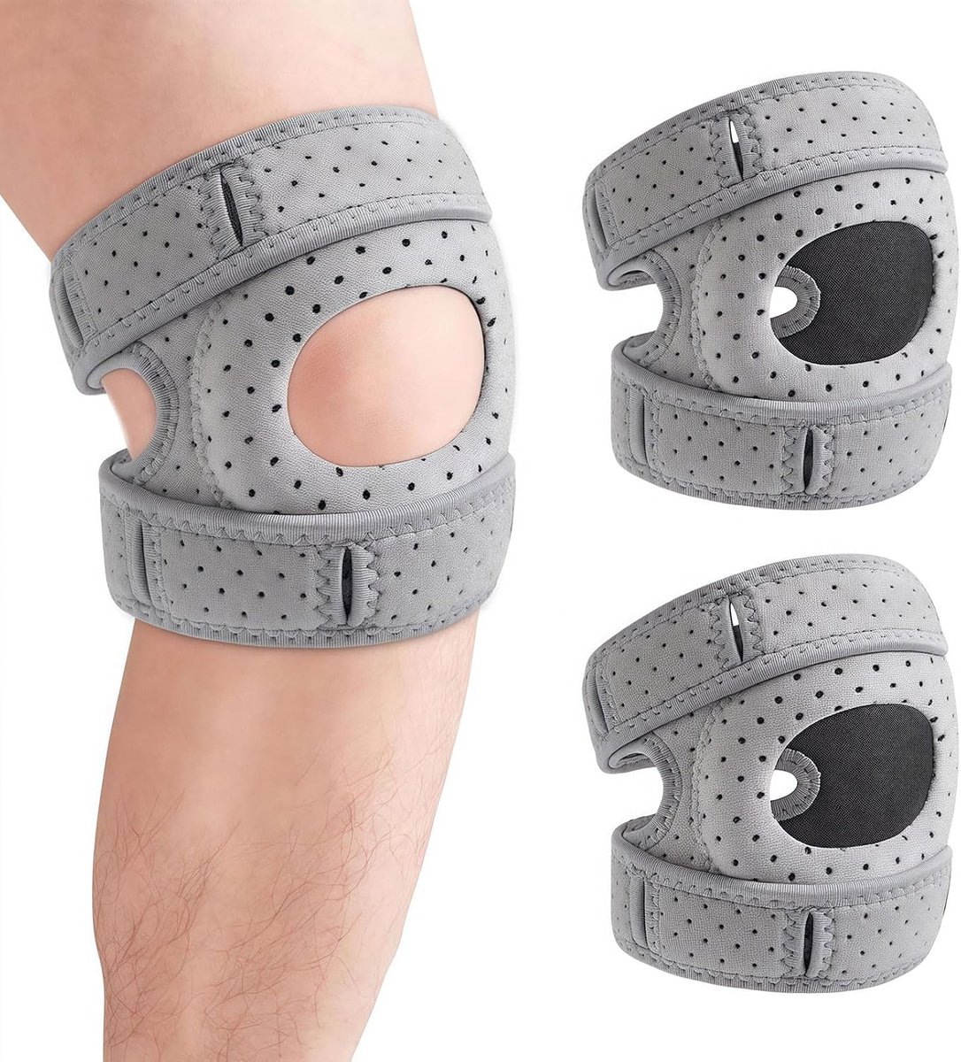 Kniebrace, 2 stuks kniebrace dames & kniebrace heren voor meniscus, kniebandage met stabilisatoren patella grijs