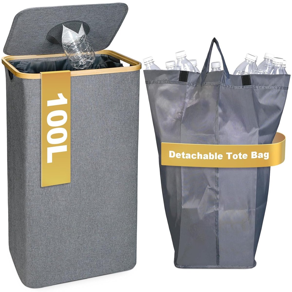 100 liter statiegeldflessen, verzamelcontainer, incl. draagtasje, flessenverzamelaar, lege fles, PET-flessen, statiegeldverzamelaar, organizer en oud glas opslag met inworp, grijs