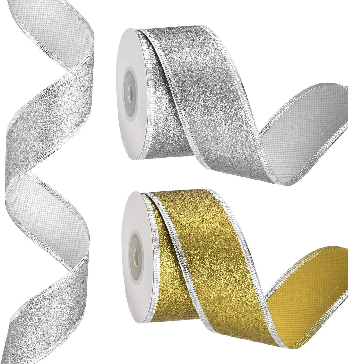 Kerstlint van 3,8 cm x 3,8 cm, metallic draad lint, glanzende geschenkverpakkingslint voor knutselen, verjaardag, bruiloft, festival, decoratie, geel/zilver