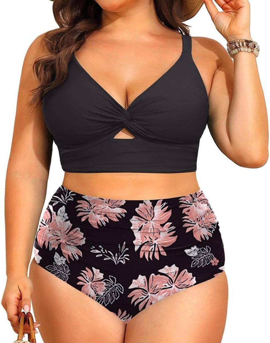 2-delige plus size badpak push-up bikini sets voor vrouwen hoge taille buikcontrole zwemshorts twist knoop badmode ruches badpakken