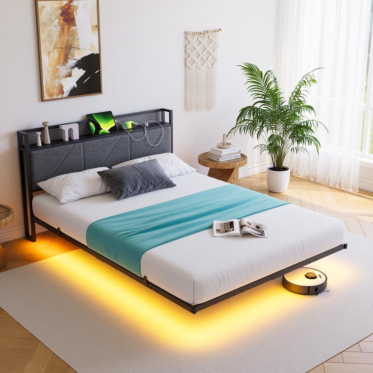 120 x 200 cm Schuifbedframe met ledlampen en USB-laadstation, metalen platform-bedframe met gevoerd hoofdeinde opslag, heavy duty metalen latten, geluidsvrij/donkergrijs