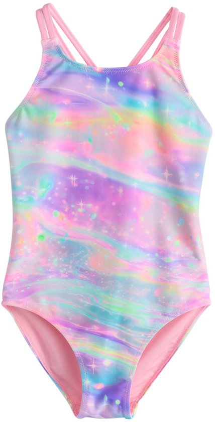 Roze badpak met regenboog- en sterrenprint.