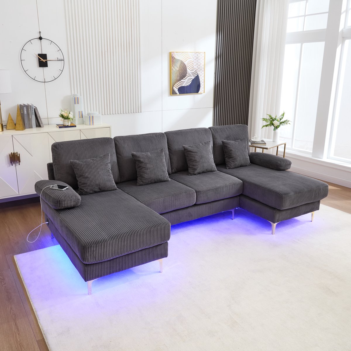 MEUNIQ U-bank grijs 265 x 135 x 88 cm met LED-verlichting, USB-C-poort, houten frame en 4 zitplaatsen voor de woonkamer