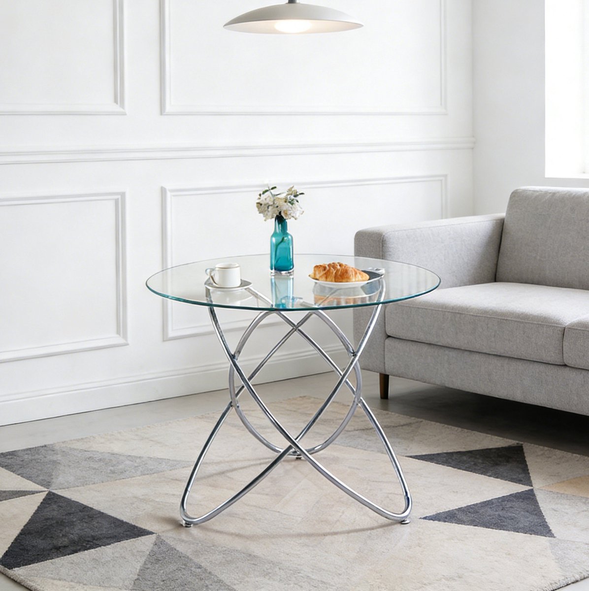 COVREO Eettafel rond 80 cm chroom, glas met metalen onderstel, modern