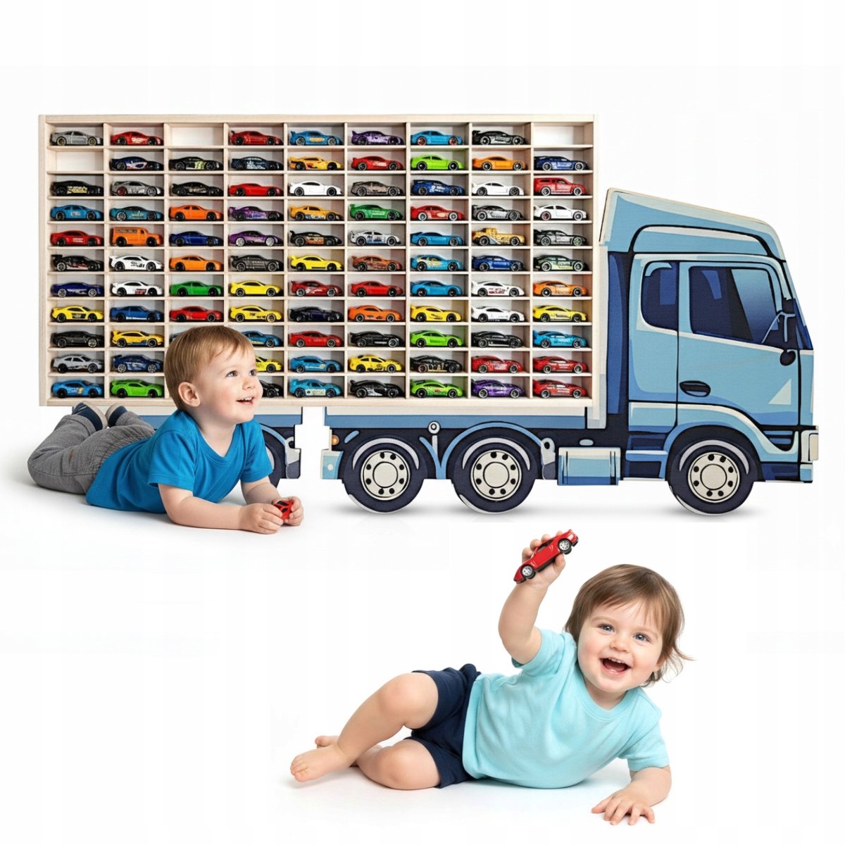 Houten Autootjes Display Rek - 80 Plekken + Truck Muurdecoratie