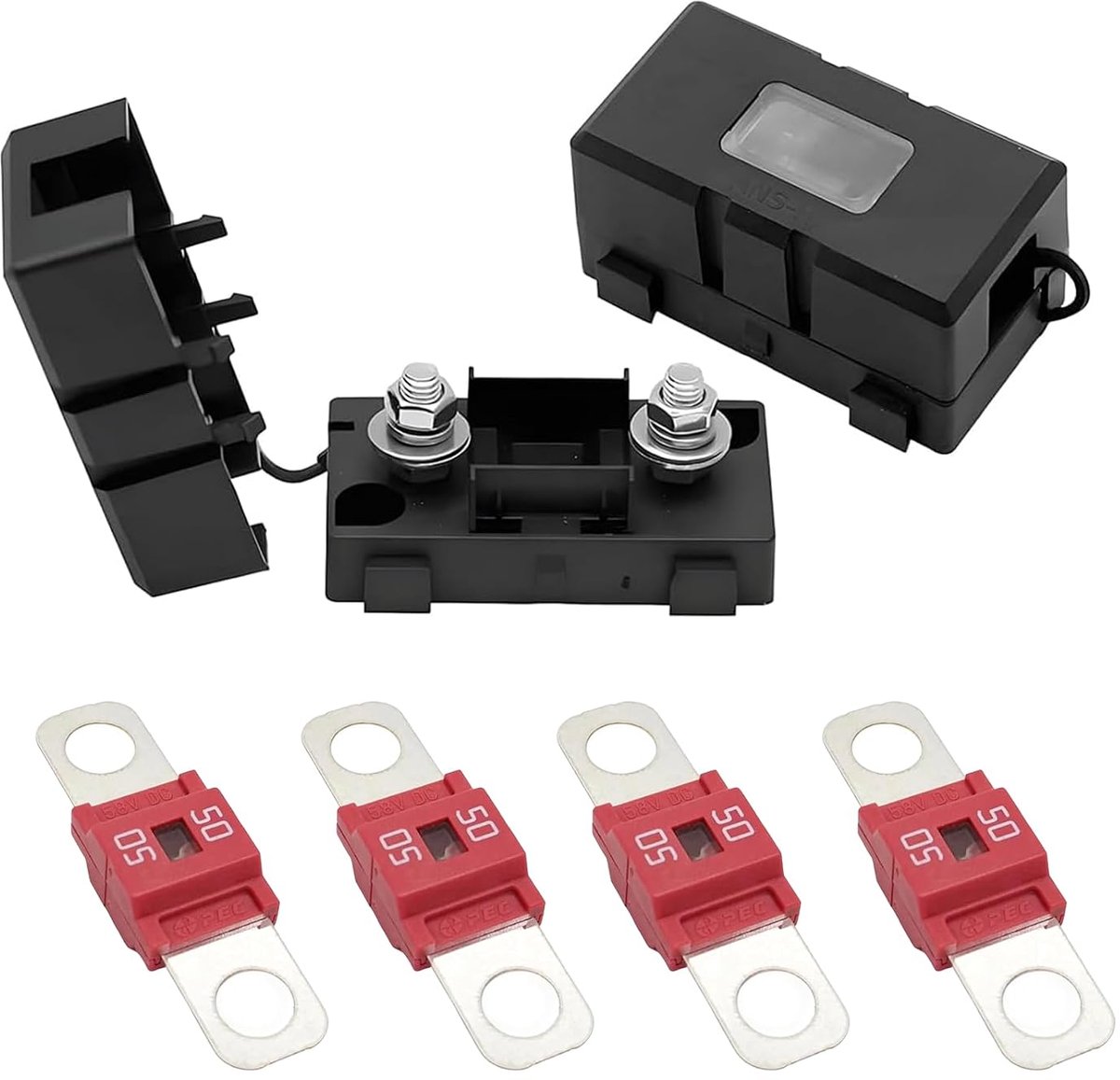 2 stuks ANS zekeringhouders voor auto en 4 stuks 50 A midi-schroefzekeringen voor auto's, vrachtwagens, bouwplaatsvoertuigen, bussen, caravans