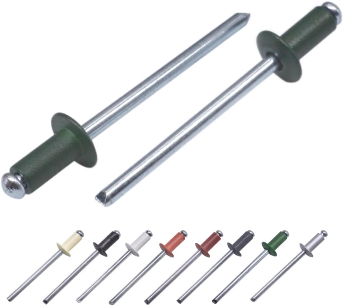 (Pack van 100 stuks) Geschilderde blindklinknagels 4,0 x 8 mm, koepelkop, DIN 7337, aluminium klinknagel en stalen doorn, popklinknagels (100, chroomgroen RAL 6020)