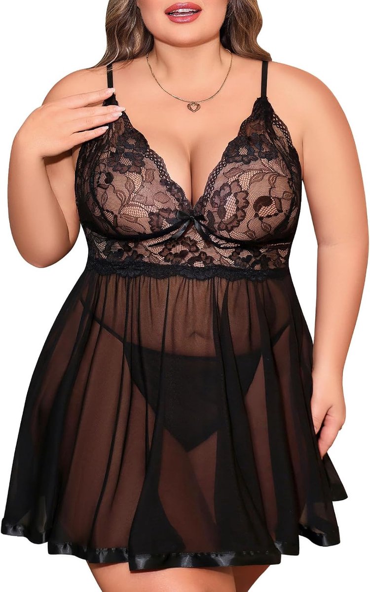 Lingerie voor dames, sexy ondergoed, babydoll, kant, transparant, pyjama, mini-jurk met V-hals, hemd, grote maten, ondergoed met string, XL-4XL