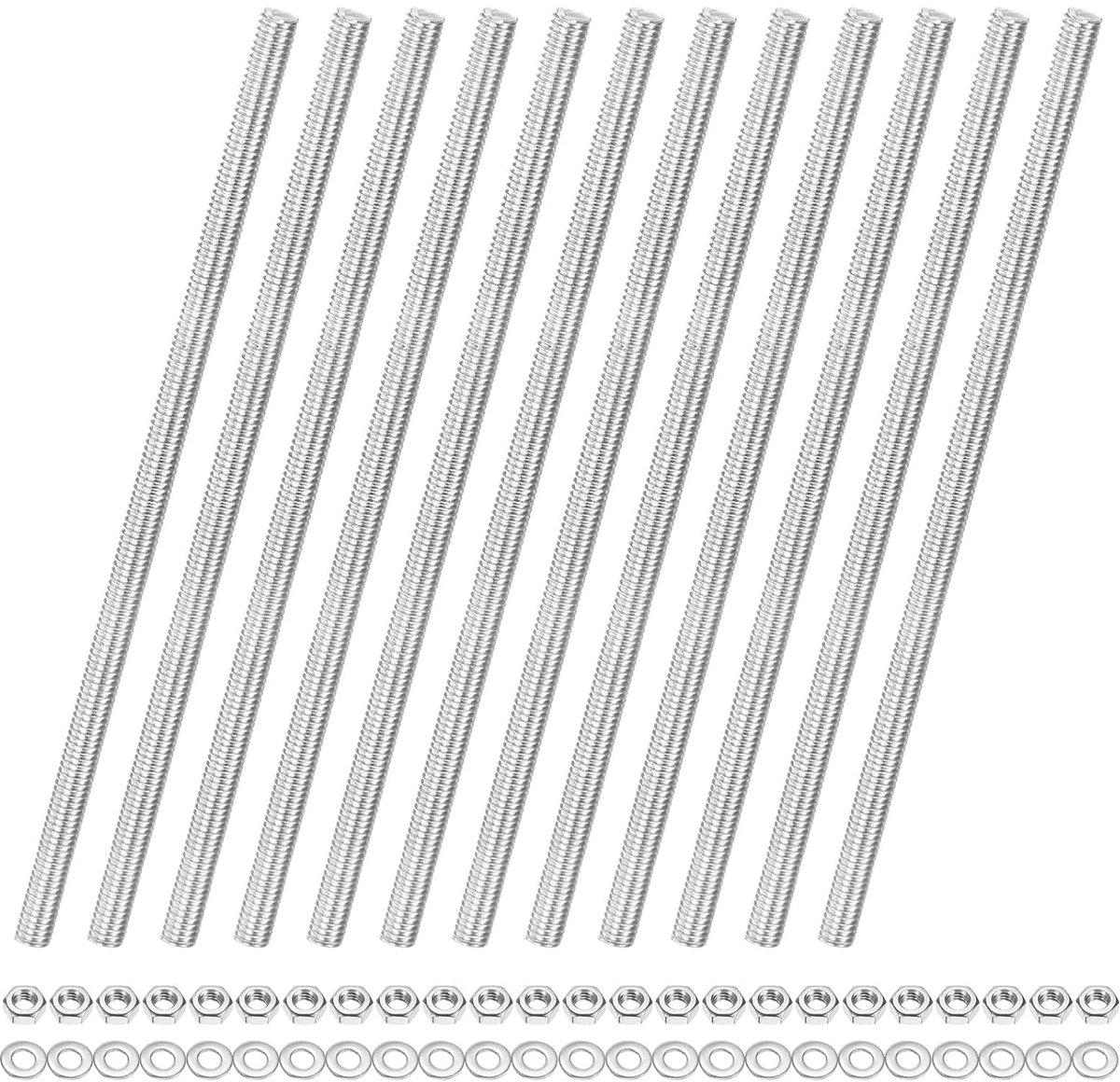 METERXITY 12 stuks complete draadstangen, M4 x 100 mm, roestvrij staal 201, rechte draadstang met zeskantmoeren en sluitringen voor meubelankerbouten/schroefklemmen/U-bouten