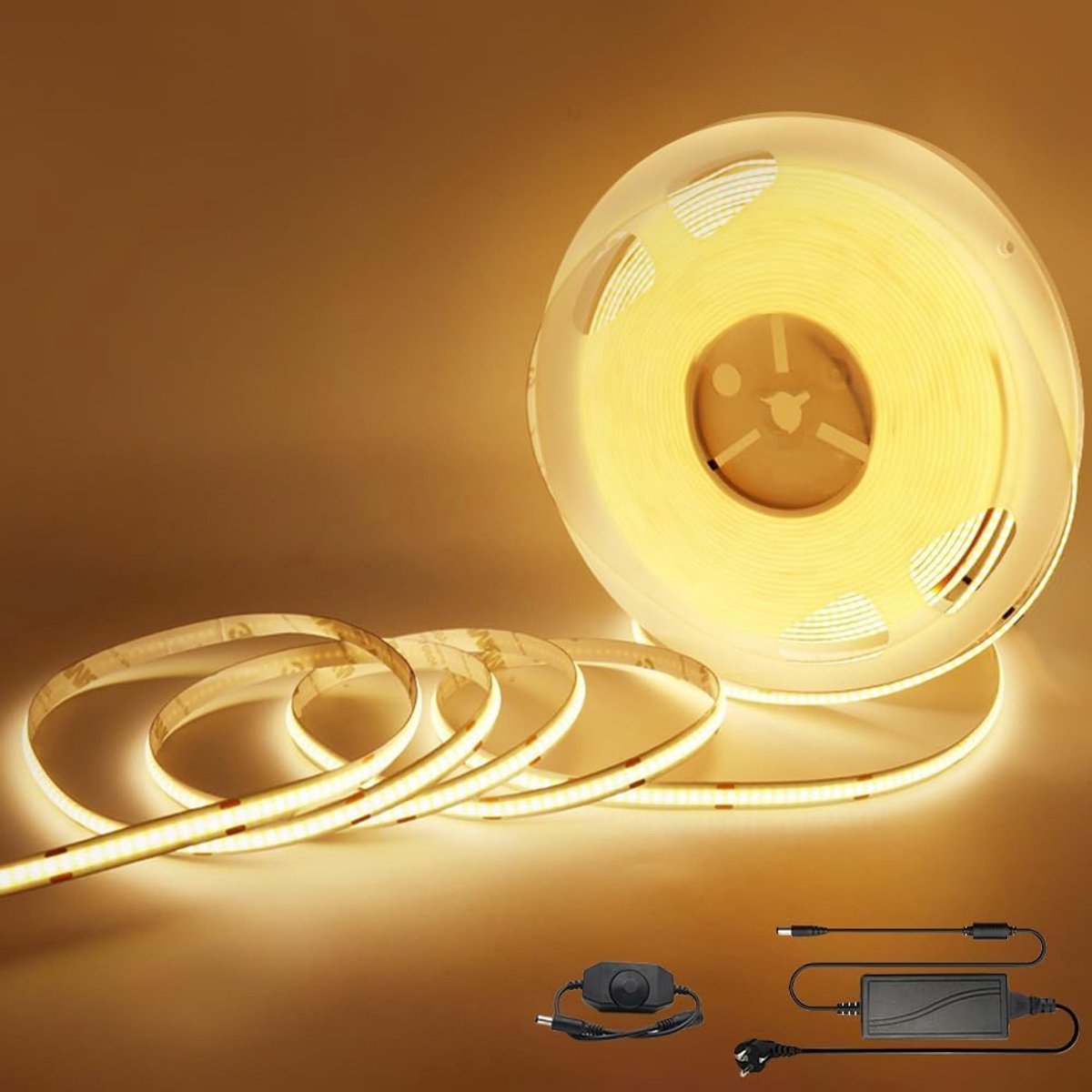 COB LED Strip 10m warm wit 24V 3000K 320LEDs/m, Flexibele LED Strip High Density Dimbaar met dimmer adapter, LED tape IP20 voor TV achtergrondverlichting slaapkamer interieurdecoratie