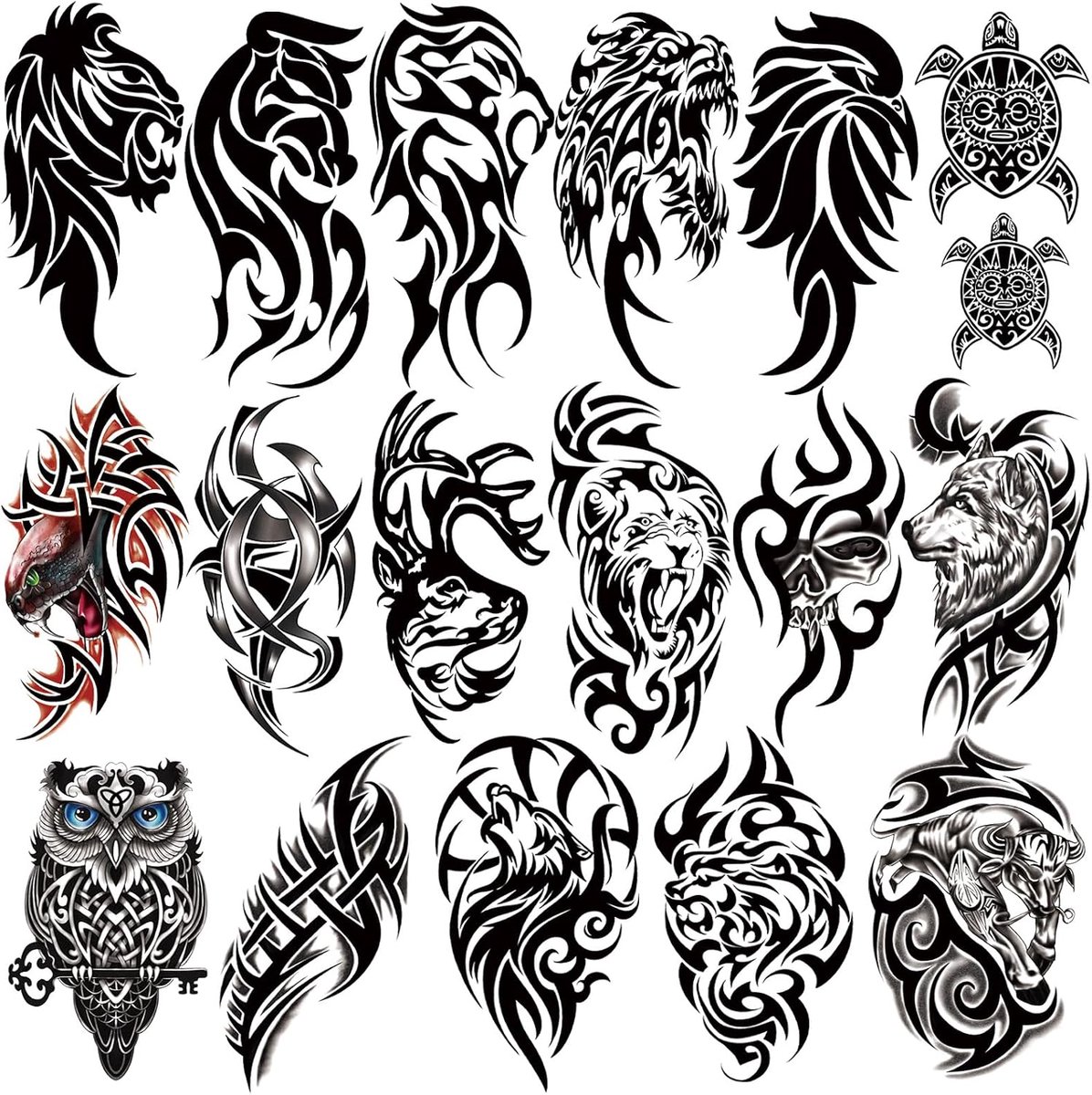 Tijdelijke tatoeages, 17 vellen halve mouwen, tribal, leeuw, uil, wolf, schildpad, hert, neppatoeages voor volwassenen, mannen, vrouwen, 60 vellen kleine tatoeagestickers voor jongens