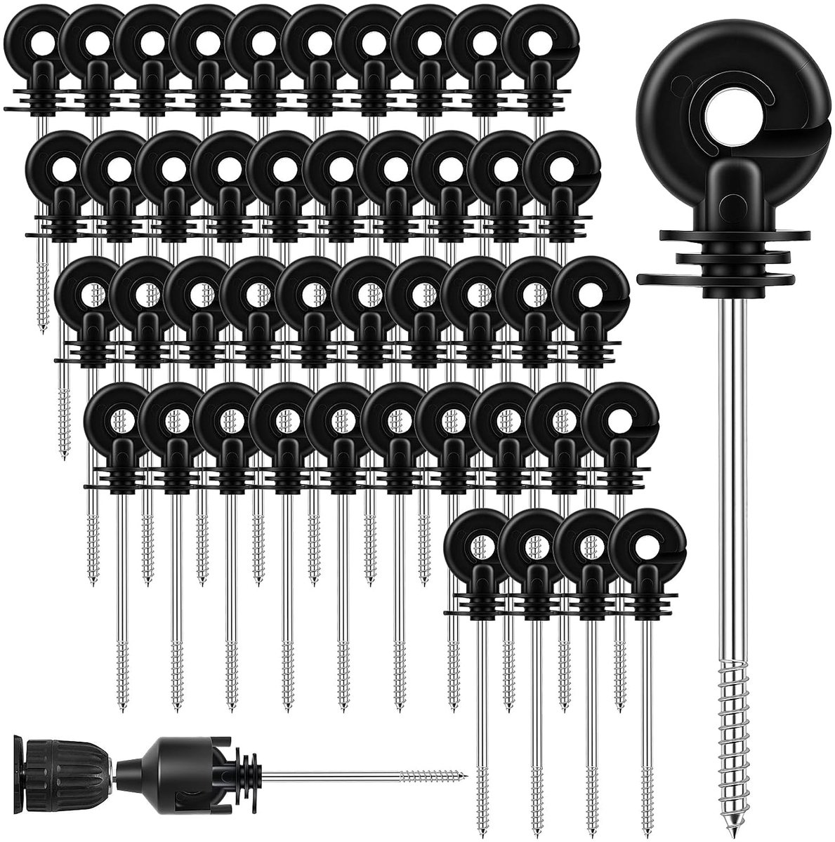 50 stuks zwarte wilgenhek-isolatoren, totale lengte 150 mm, ringisolatoren, elektrische hek, isolator met isolatiesteeksleutel, hekringpalen, schroefisolatoren voor houten palen