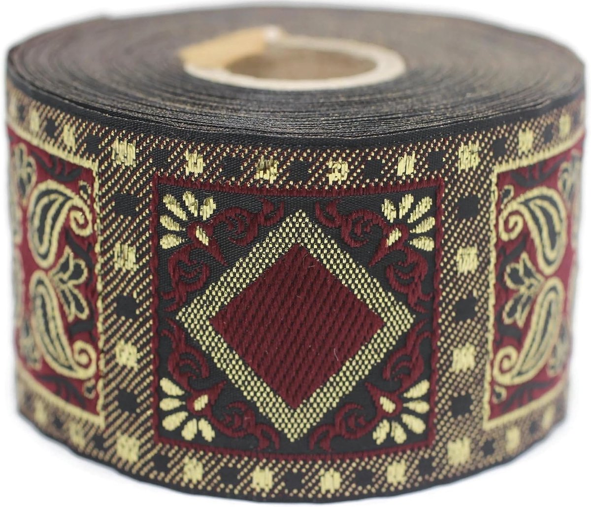 Jacquard lint, geweven, bordeauxrood en goud, metallic, geometrisch, 10 m x 50 mm, rol borduurband voor naaien, decoratie 50587-V3