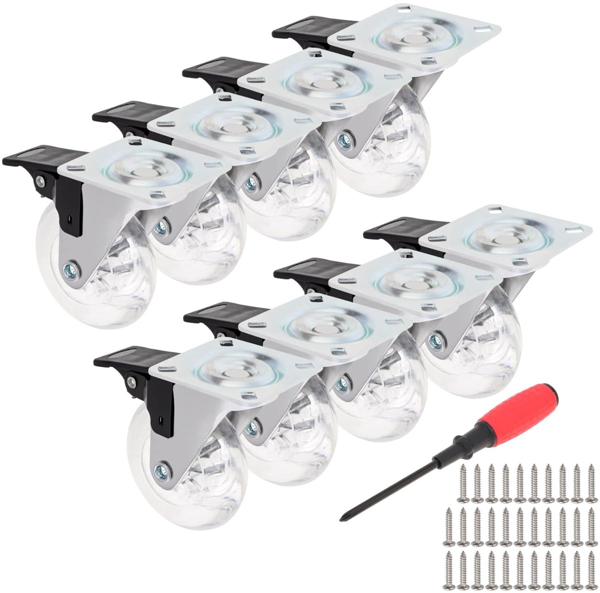 8 stuks 50 mm PU kristal universeel remwiel voor trolley/kasten/commode met 32 stuks 304 roestvrijstalen schroeven, schroevendraaier gereedschap, transparant geruisloos rolwiel (transparant, 76 mm)