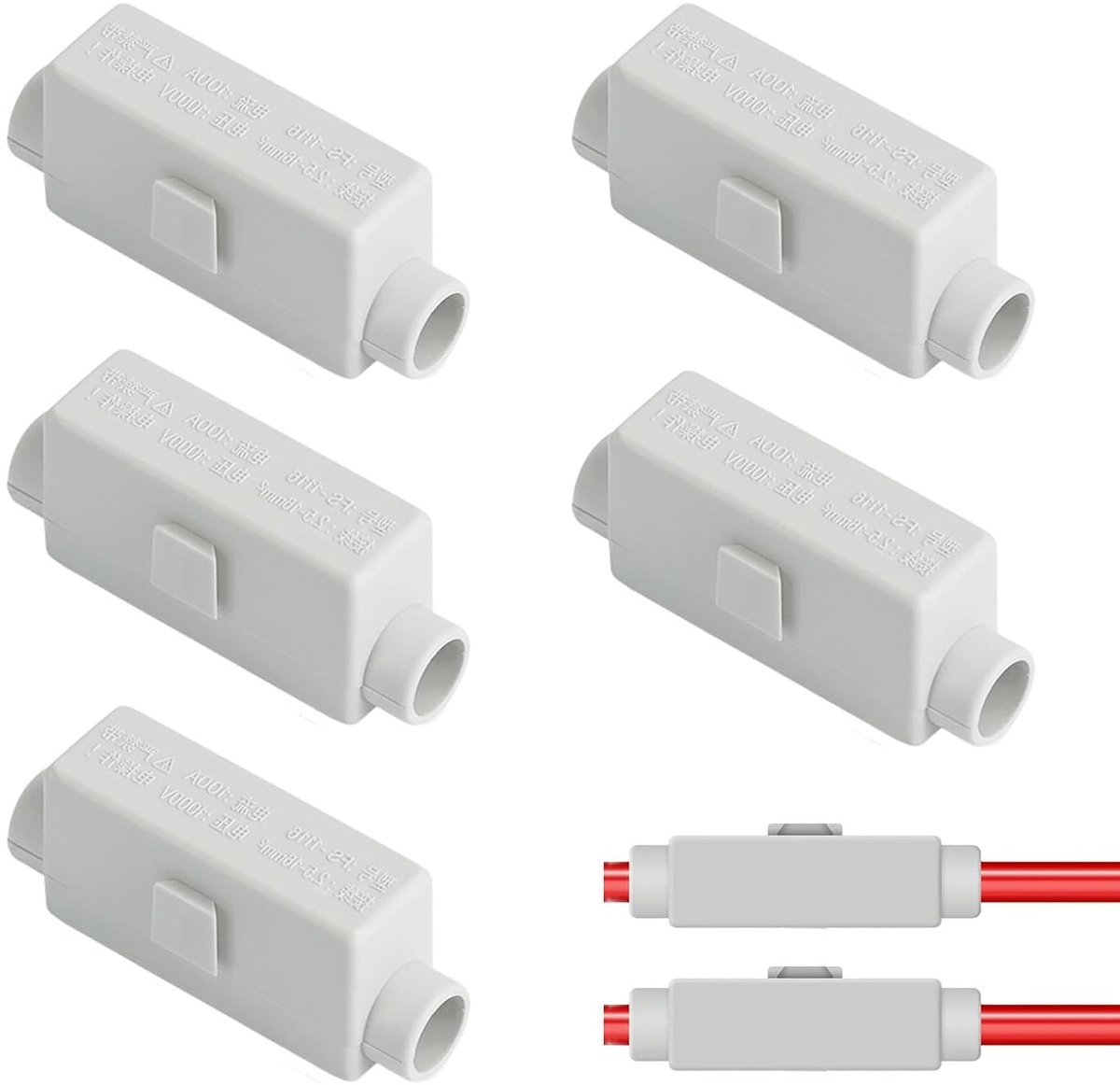 5 stuks doorgangsverbinders, 2-polig, 100 A, 1000 V, dubbele schroeven, klemblok voor 2,5-16 mm² kabel, hoofdleidingaftakklem, ABS-behuizing voor plafondverlichting, schakelaar, elektrische
