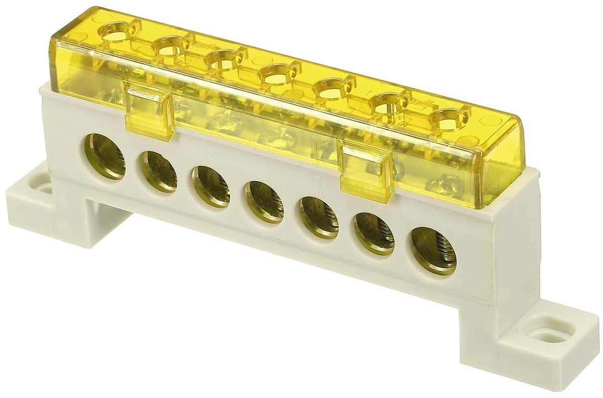 Aardingsstrip met eindstukken, klemstrip van messing met 7 posities, aardblok 9 x 14 mm voor elektrische apparaten, verdelerframe, geel