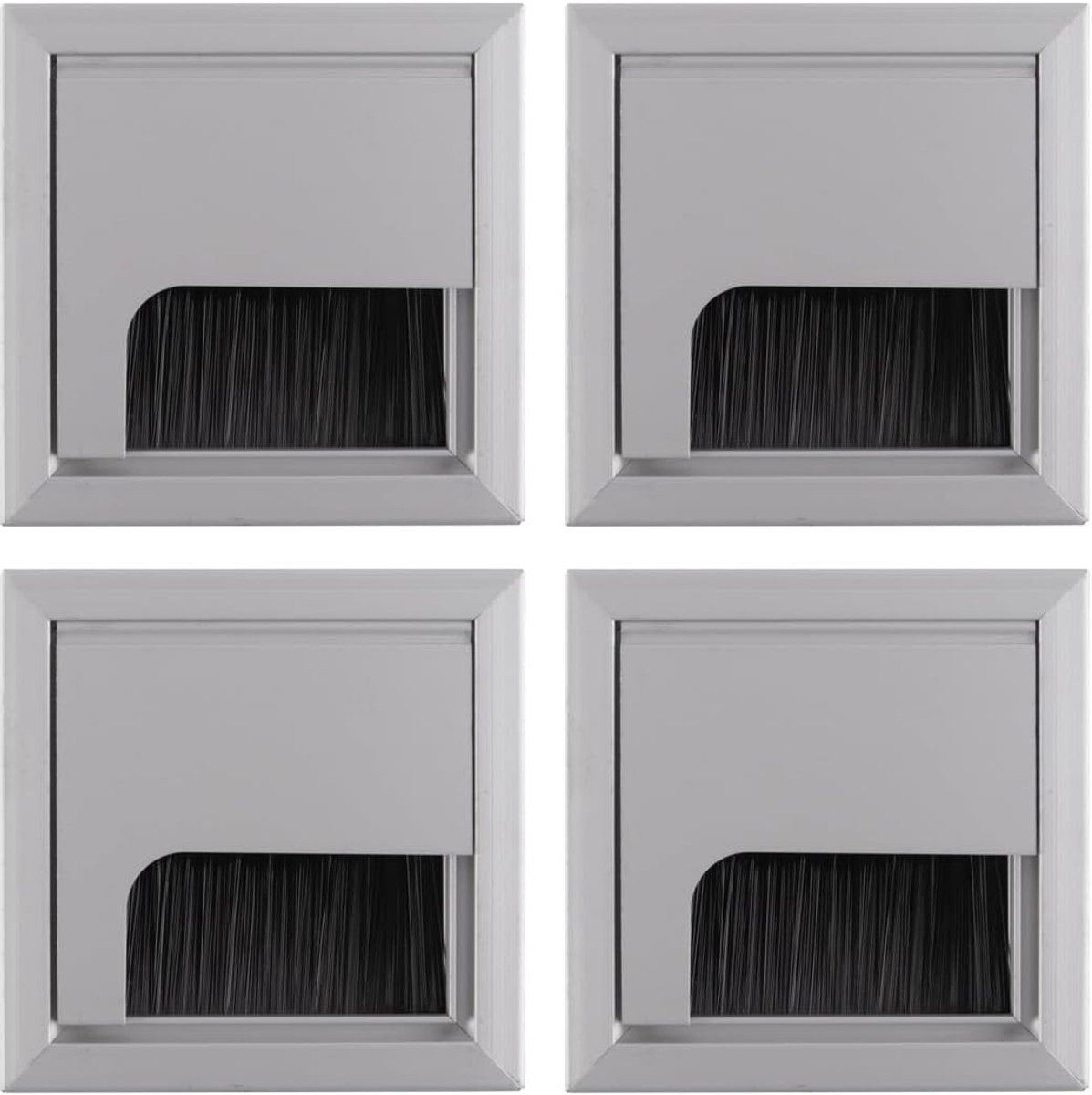 Kabeldoorvoer, kabeldoorvoer, 80 x 80 mm, met borstelafdichting van aluminium, zilver, geanodiseerd voor bevestiging aan het bureau, 4 stuks