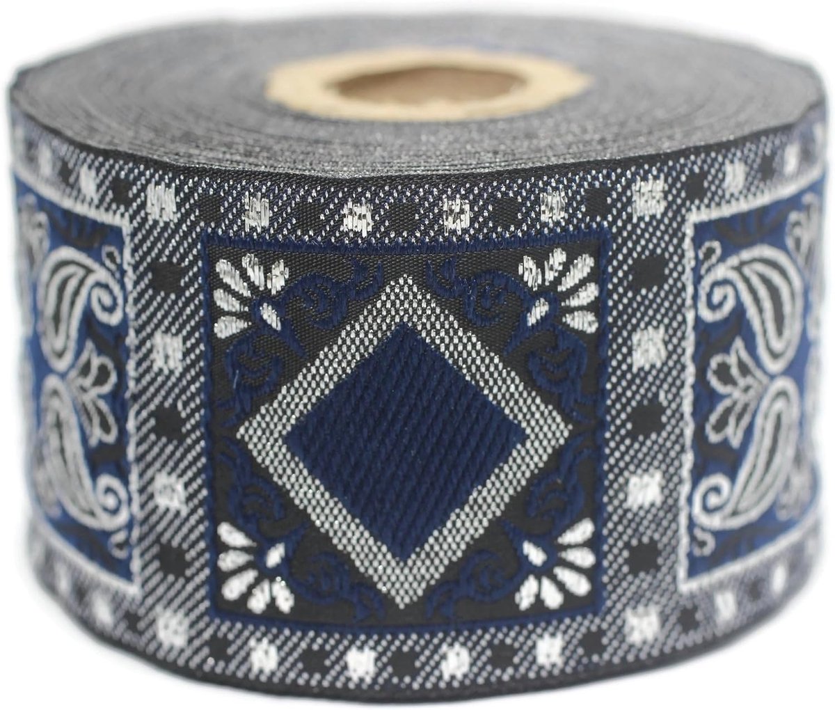 Jacquard lint, geweven, donkerblauw en zilverkleurig, metallic, geometrisch, 10 m x 50 mm, rol borduurband voor naaien, decoratie 50587-V4
