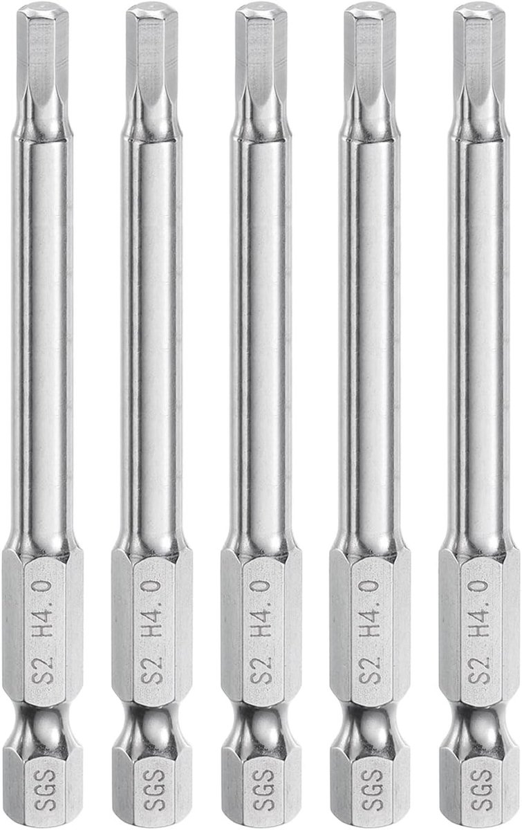 5 stuks zeskantsleutel boren 4 mm (H4) metrisch 1/4 inch zeskantschacht 75 mm (3 inch) lange magnetische schroevendraaierbits staal S2 industriële kwaliteit platte ronde kop