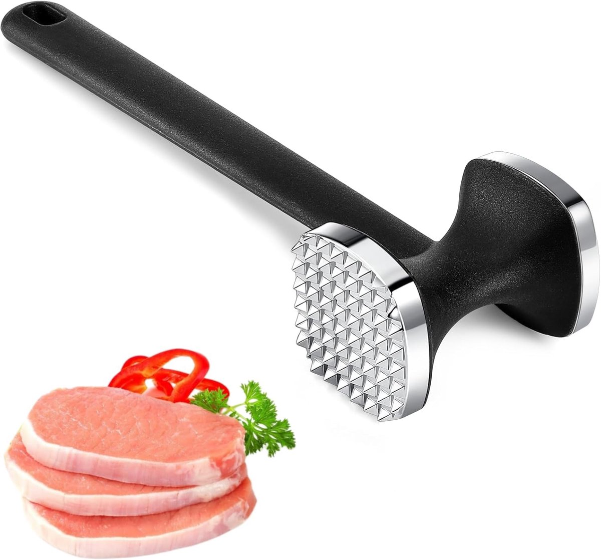 Vleesklopper, snijhamer, vleeshamer, dubbelzijdige vleesklopper, fijnmakershamer met antislip handgreep voor steak, schnitzels, rundvlees, kip (zilver)