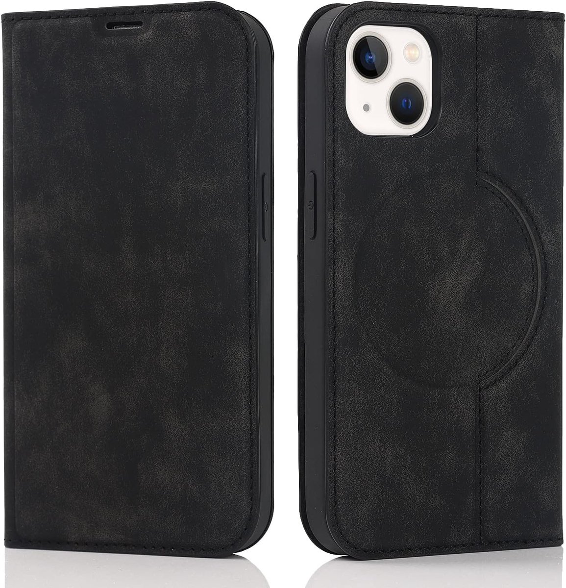 Hoesje voor iPhone 15, compatibel met MagSafe, leren hoes, telefoonhoes met RFID-bescherming, flipcase met kaarthouder, standaard, magneet, klaphoes, zwart