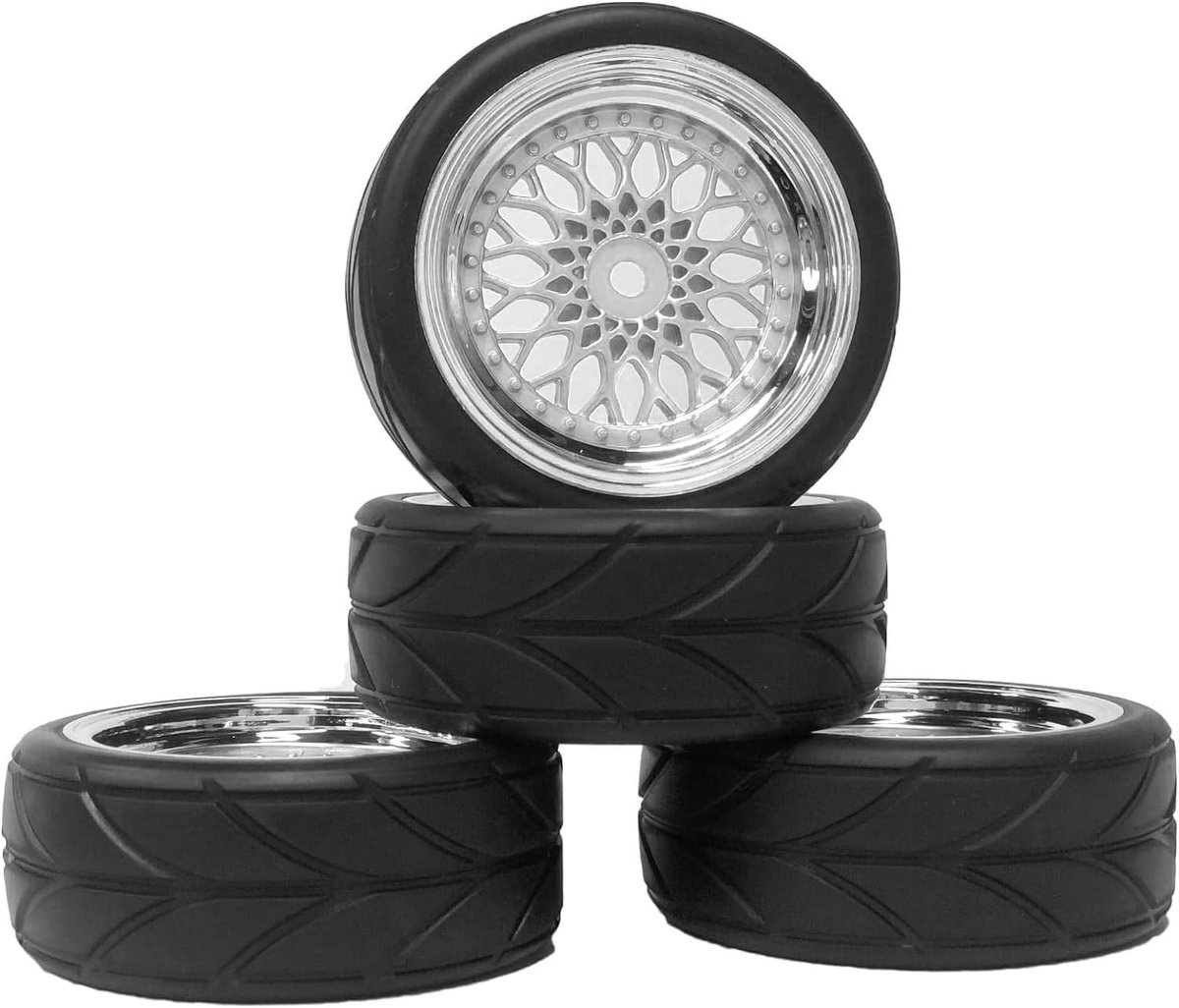 Wielen Set, KINGCOO 4-delig 64mm rubberen banden kunststof coating wiel 12mm hex voor 1/10 RC On-Road Run-Flating Touring Racing Auto (Y-vormig Zilver)