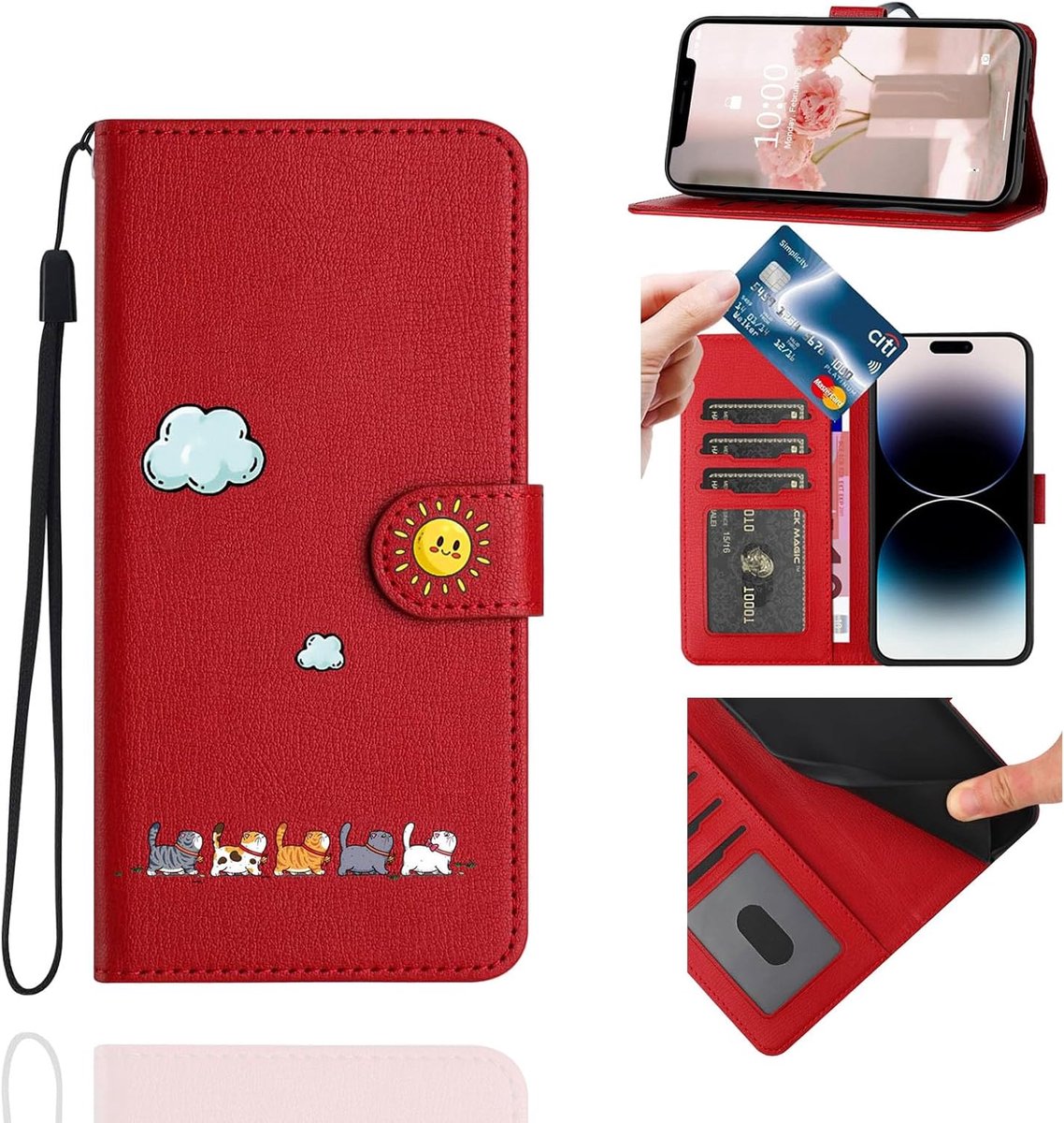 Beschermhoes met portemonnee voor Samsung Galaxy A12 / M12, kaartsleuven, rood | Flip cover van PU-leer, schattig kattendesign, met koord, magneetsluiting, schokbestendig, 3 kaartvakken, standaard