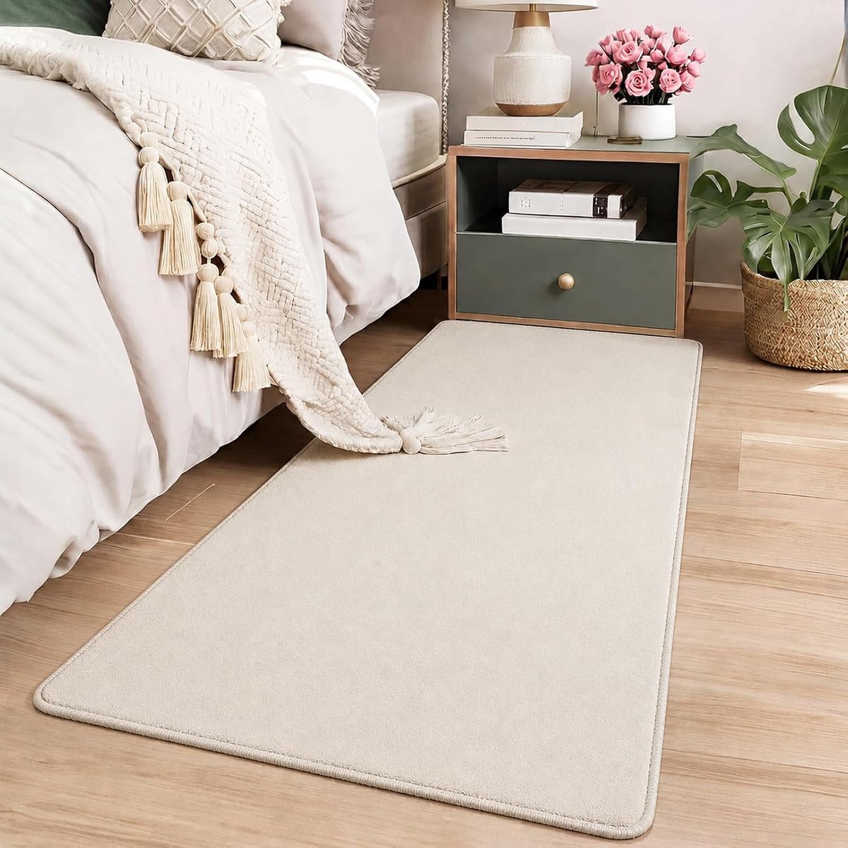 Vloerkleden voor slaapkamer, 60 x 120 cm, pluizige zachte bedside kleden, beige slaapkamertapijt, antislip tapijtloper voor gangen, entree, wasruimte, woonkamer, kinderkamer