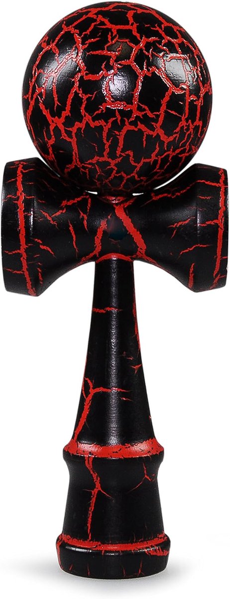 Kendama behendigheidsspel van beukenhout, traditioneel Japans bolspel met houten kogel, nylon koord en 3 vangbekers, ergonomisch handstuk, 16 cm, zwart/rood
