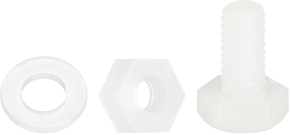 Sets nylon zeskantschroeven M4 x 8mm volledige schroefdraad kunststof schroeven en moeren met sluitringen voor machines, elektronica, toebehoren, wit