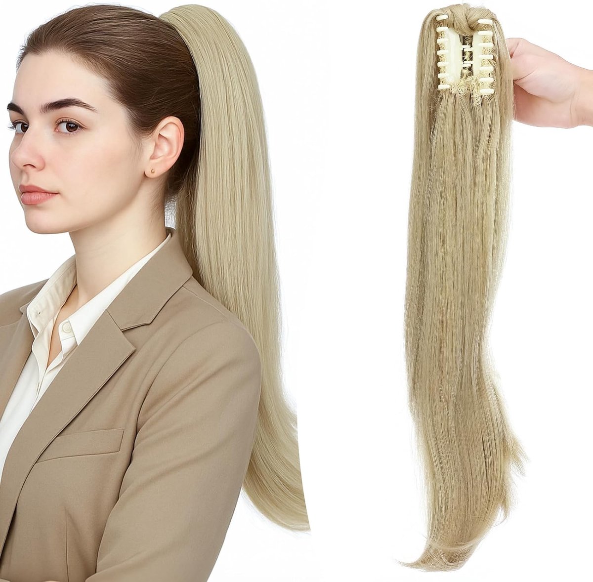 55 cm lang haarstukje, paardenstaart, met clip, haarverlenging, claw on ponytail, natuurlijk haar, micro-golvend haar, extensions, asblond