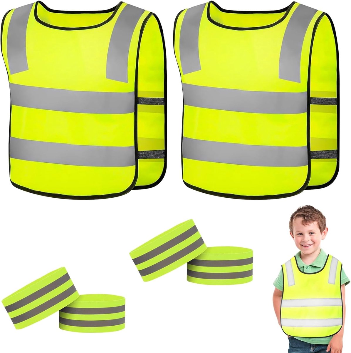 Veiligheidsvesten Set 2 Stuks Fluorescerend Geel Reflecterend Maat M + Polsbanden 35cm Groen,reflectoren voor jongens en meisjes