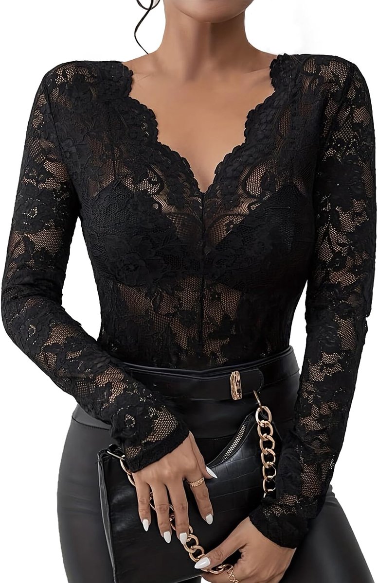 Damestops met lange mouwen, V-hals, kanten clubwear, doorzichtig kant, bovendeel, transparant shirt, tuniek, bloemen, maat S-XXL