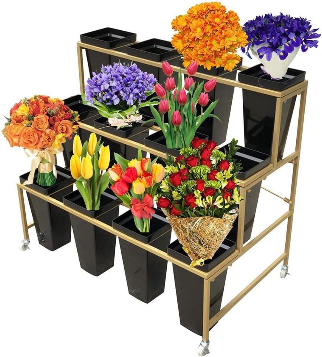 Bloemendisplaystandaard met emmers - 3 lagen 12 emmers, plantenstandaard, mobiele bloemenwinkeldisplaystandaard met wielen, voor binnen buiten patiotuin, woonkamer, bloemist (C)