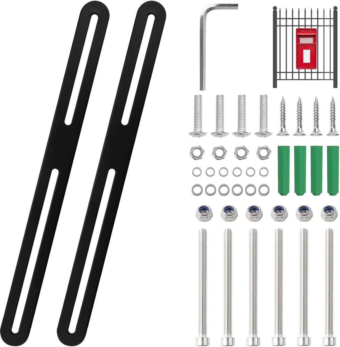 Montageset voor hekwerk brievenbus zwart brievenbus montage dubbelstaafmat hekwerk 280 x 24mm RVS brievenbus montageset met M5 schroeven moeren en inbussleutel