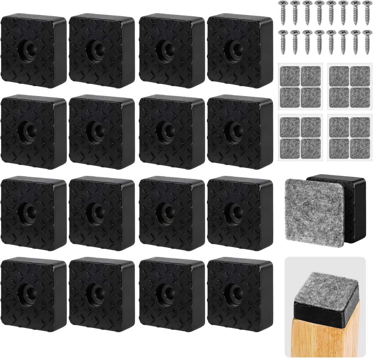 16 stuks meubelpoten, 30 x 30 x 10 mm rubberen voetjes voor meubels | Viltlijm, vierkante rubberen pluggen met 24 bevestigingsschroeven voor stoelen, tafels en huishoudelijke apparaten, zwart