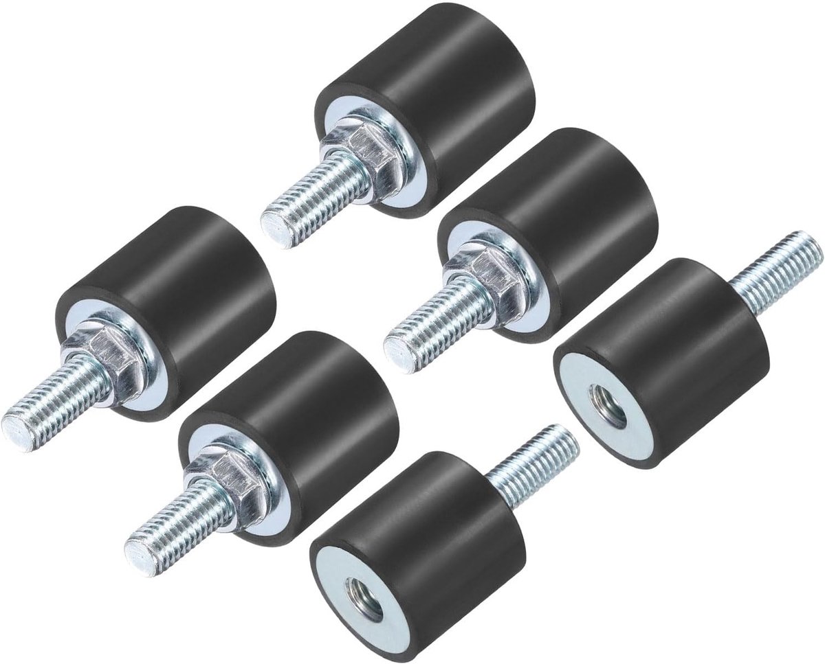 6 stuks M8 x 23 mm rubberen lagers met schroefdraad 25 x 25 mm mannelijke vrouwelijke vibratiedemper verzinkt cilindrische schroefdraadlagers anti-vibratielagers met 6 stuks M8 contramoeren