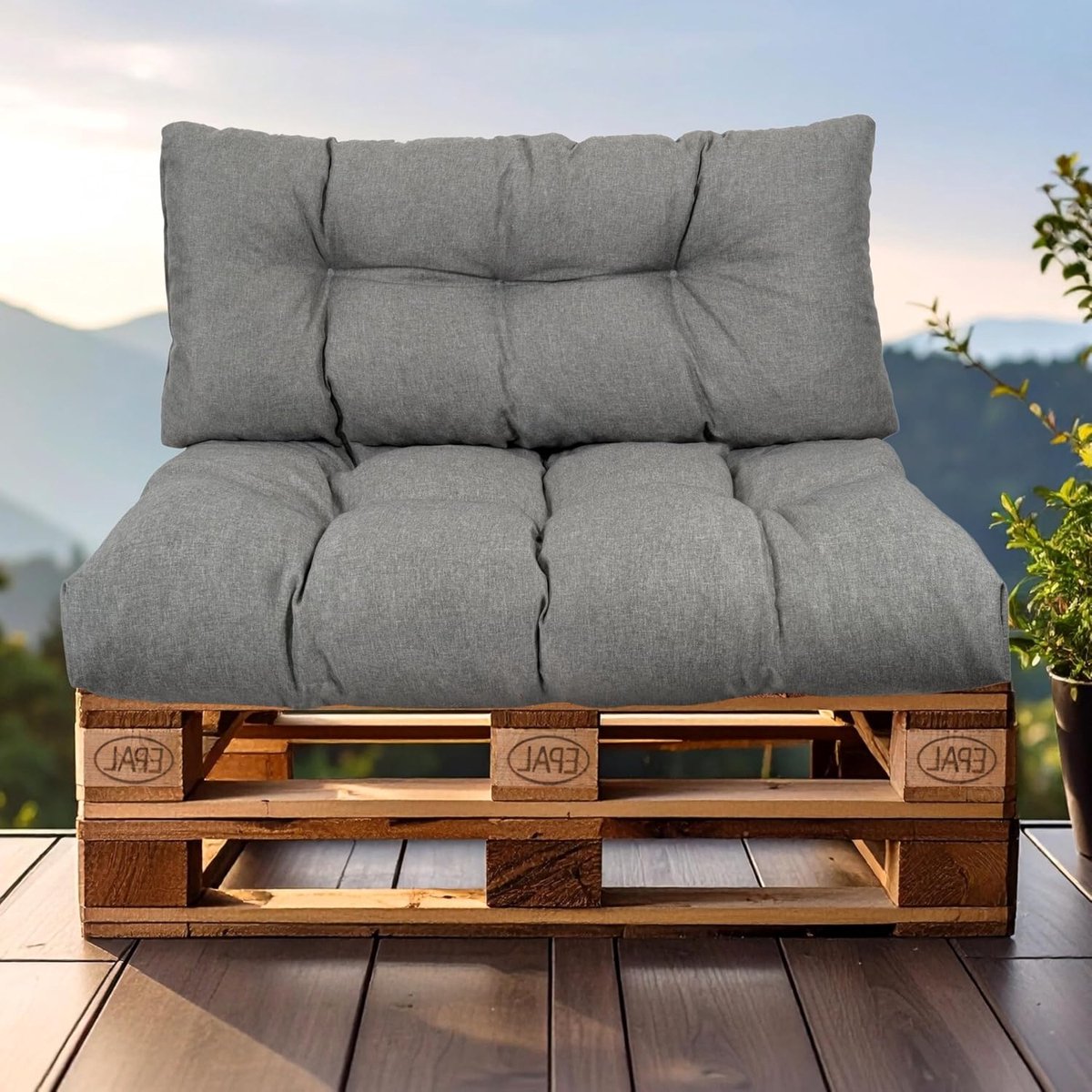 Kussens voor europallets, FÜLLPRO+ vulling, weerbestendig palletkussen (2-delig set - 1x rugkussen 120x40 cm + 1x zitkussen 120x80 cm - donkergrijs waterdicht)