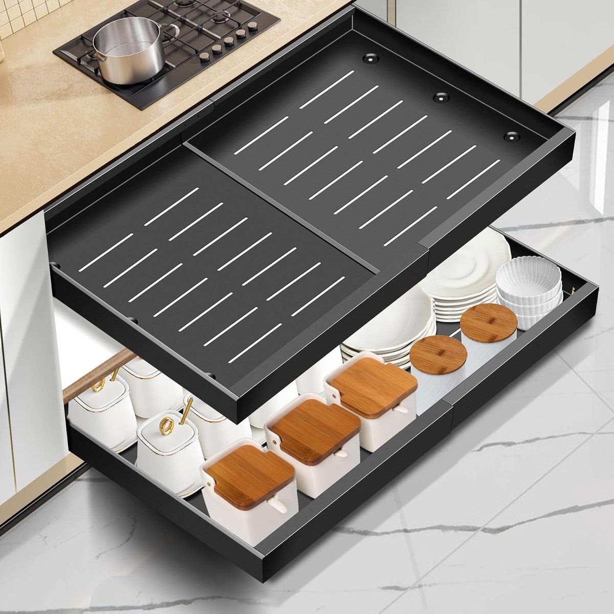 Uittrekbare kastorganizer, keukentelescopische lade met lijm, opberglade-organizer voor keuken/badkamer, zwart, 2 stuks, breedte 40-68 cm, diepte 42 cm