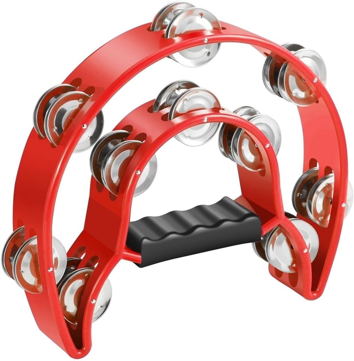 Tamboerijn Metalen Half Maan Muziekinstrumenten Dubbele Rij Metalen Jingles Handbediende Instrumenten Percussie met Ergonomische Handgreep, Tamboerijnen voor Volwassenen Kerk, Rood