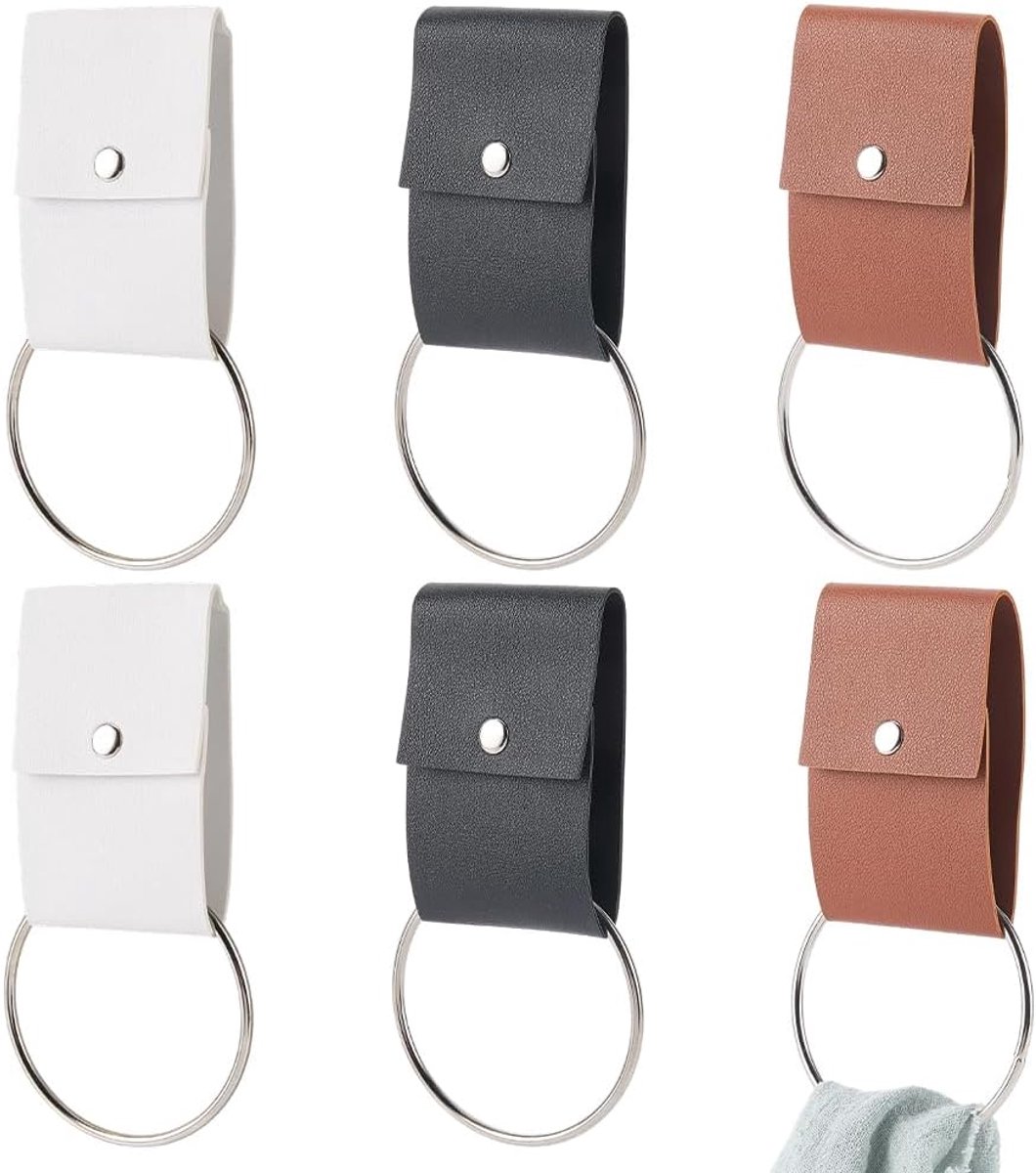 6 STKS Metalen Keuken Handdoek Haken met PU Lederen Loop 3 Kleuren Lederen Handdoek Ring Houder Oven Deur Hanger Opknoping Badkamer Washandje Houder voor Boerderij Thuis Kast Kachel Decor