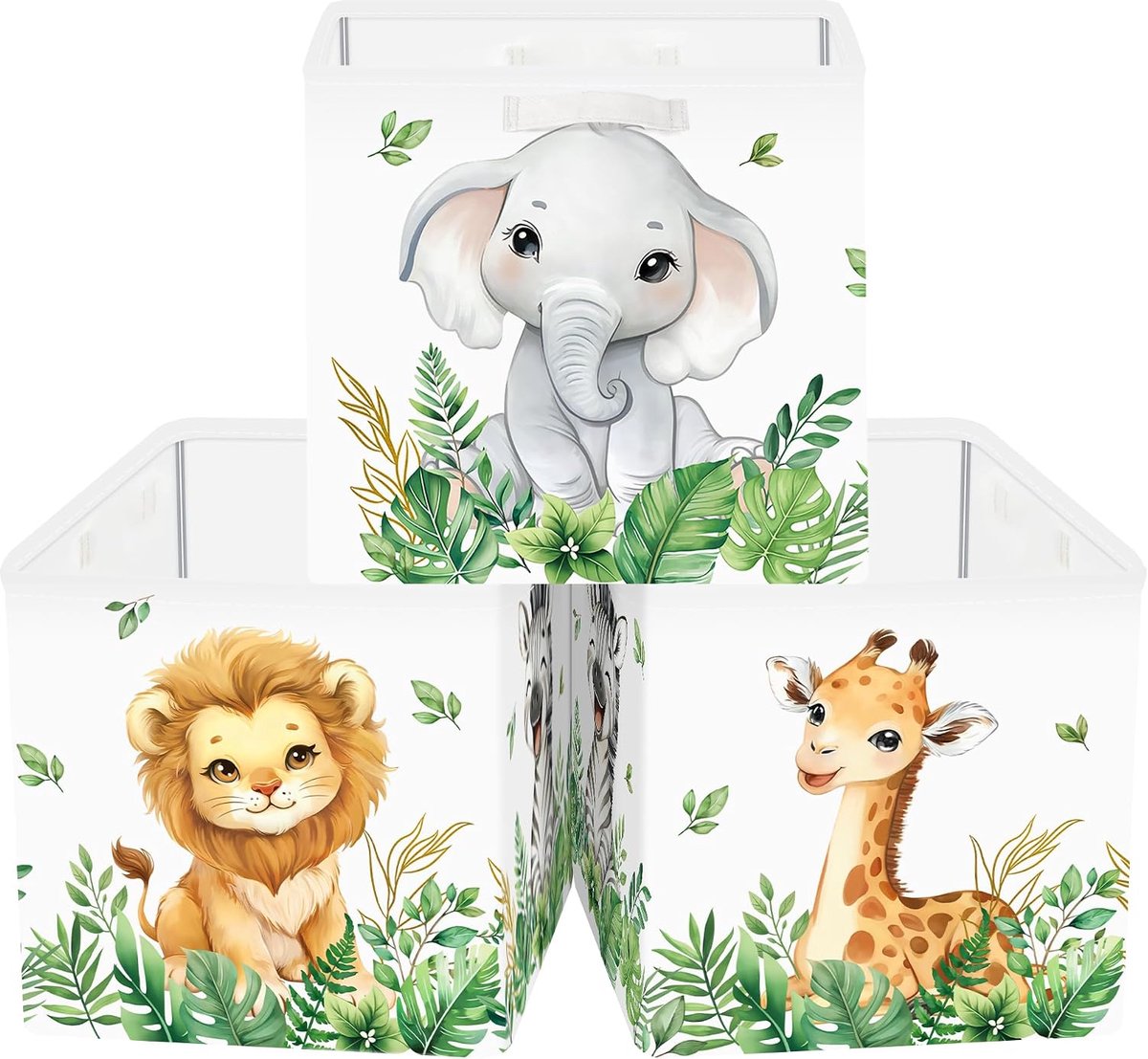 30 cm Opbergdoos 3 Stuks Bosdieren Opbergmand voor Kinderen Leeuw Giraffe Olifant Opbergkubus met Handgrepen voor Slaapkamer Organizer voor Speelgoed Boeken Kleding, Groene Plant