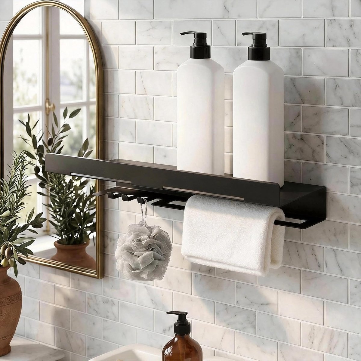 Wandrek 40 cm, zwart wandrek badkamer, doucheplank om te boren met 4 kleine haken en handdoekhouder, multifunctionele douchegelhouder, voor badkamer, keuken en woonkamer