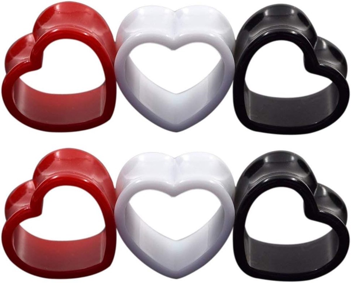 10 mm-22 mm acryl tunnel hartvorm oortunnel set van 6 flesh tunnel plugs 3-kleuren zwart rood wit hartvormig Fleshtunnels Expander oorbellen mode lichaamssieraden, Acryl, zonder steen